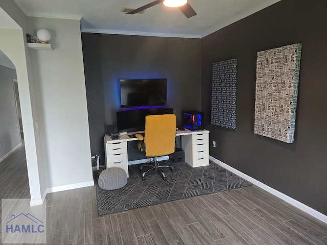 1942 Salisbury Way, Hinesville, GA 31313 - office featuring wood finished floors, ceiling fan, arched walkways, crown molding, and baseboards
