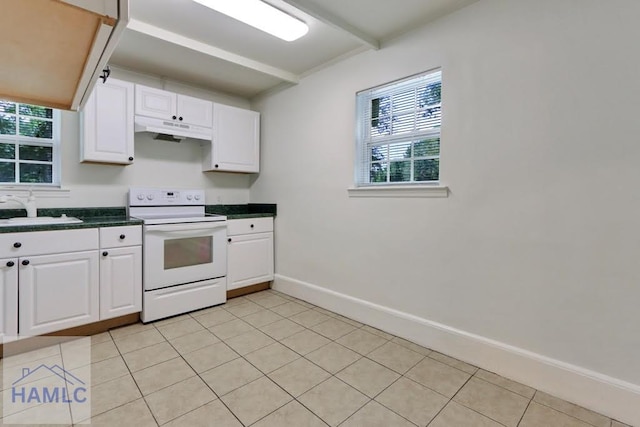 kitchen featuring white cabinets, a healthy amount of sunlight, sink, and white electric stove