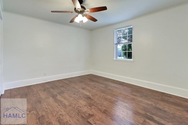 spare room with hardwood / wood-style flooring, ceiling fan, and ornamental molding