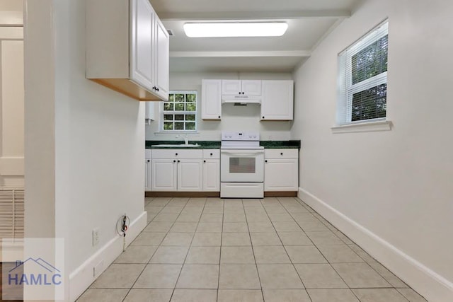 kitchen with a healthy amount of sunlight, white electric range, sink, and white cabinetry