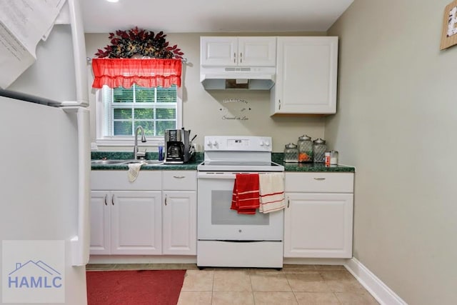 kitchen featuring white cabinets, light tile patterned floors, white appliances, and sink