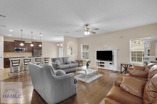 23 Veranda Trl, Midway, GA 31320 - living room featuring ceiling fan, recessed lighting, and dark wood-style flooring
