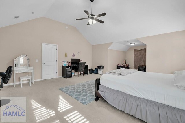 23 Veranda Trl, Midway, GA 31320 - bedroom featuring an office area, lofted ceiling, carpet flooring, and a ceiling fan