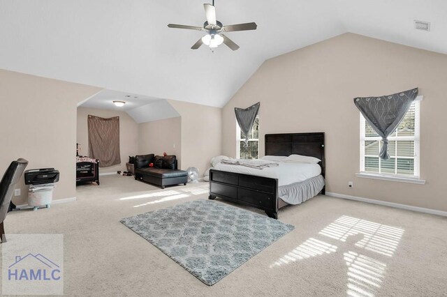 23 Veranda Trl, Midway, GA 31320 - bedroom with carpet floors, lofted ceiling, multiple windows, and a ceiling fan