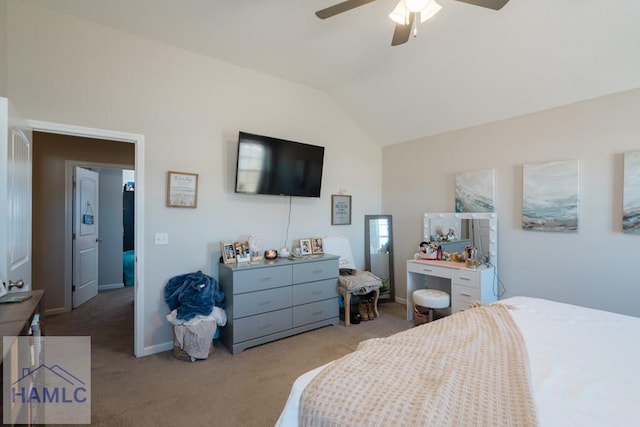 bedroom featuring lofted ceiling, ceiling fan, baseboards, and light colored carpet