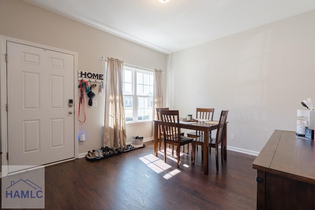 dining space with dark wood-style floors and baseboards