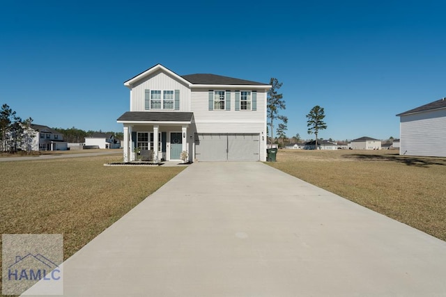 view of front facade with an attached garage, a front lawn, board and batten siding, and concrete driveway