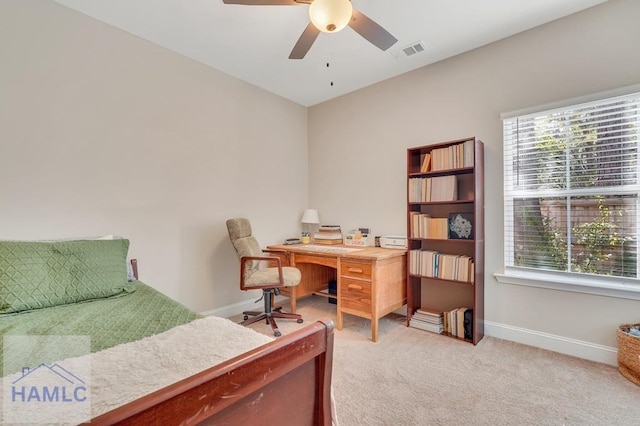 carpeted bedroom with ceiling fan