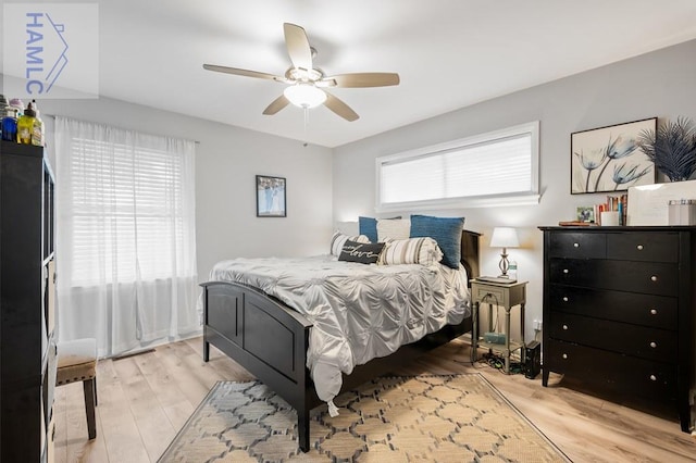 bedroom with ceiling fan and light hardwood / wood-style floors