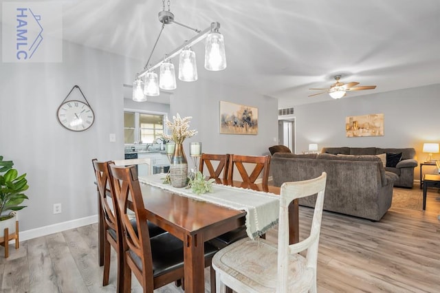 dining area with ceiling fan and light wood-type flooring