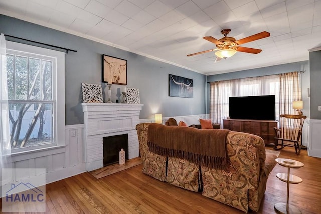 living area featuring a wealth of natural light, a wainscoted wall, a fireplace, and crown molding