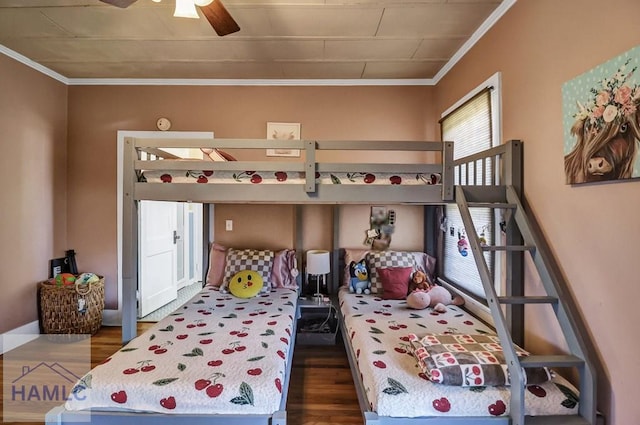 bedroom with ceiling fan, wood finished floors, and crown molding