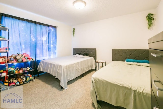 bedroom with carpet and a textured ceiling