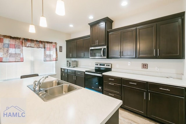 kitchen featuring pendant lighting, sink, light hardwood / wood-style flooring, dark brown cabinetry, and stainless steel appliances