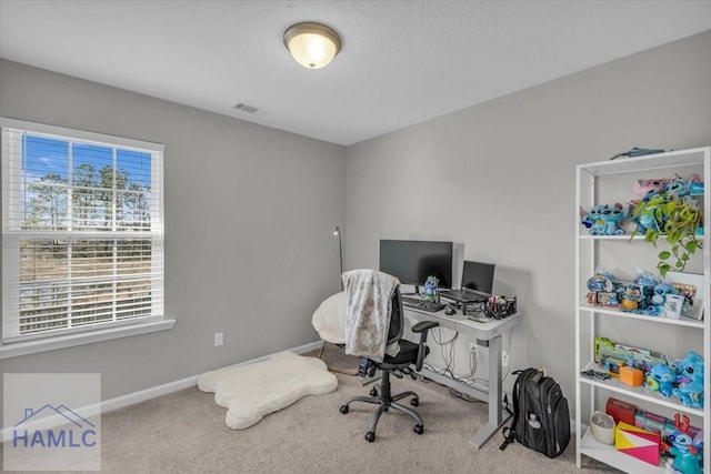 view of carpeted home office