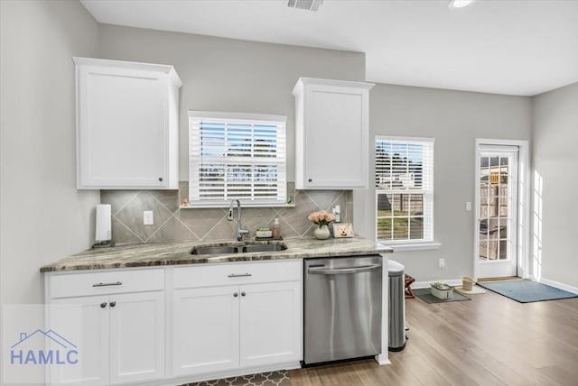 kitchen with stainless steel dishwasher, white cabinetry, and sink