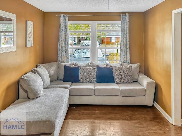 living room featuring hardwood / wood-style floors and a textured ceiling