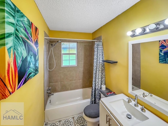 full bathroom with a textured ceiling, toilet, vanity, and shower / tub combo with curtain