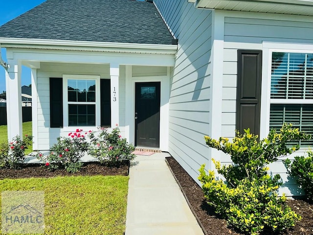 173 Akins Ranch Rd NE, Ludowici, GA 31316 - view of exterior entry featuring roof with shingles, a yard, and covered porch