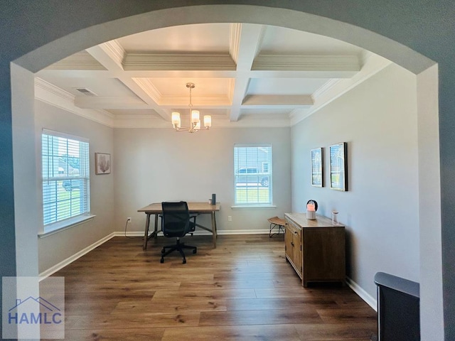 173 Akins Ranch Rd NE, Ludowici, GA 31316 - office featuring healthy amount of natural light, dark wood-style flooring, coffered ceiling, beam ceiling, and a chandelier