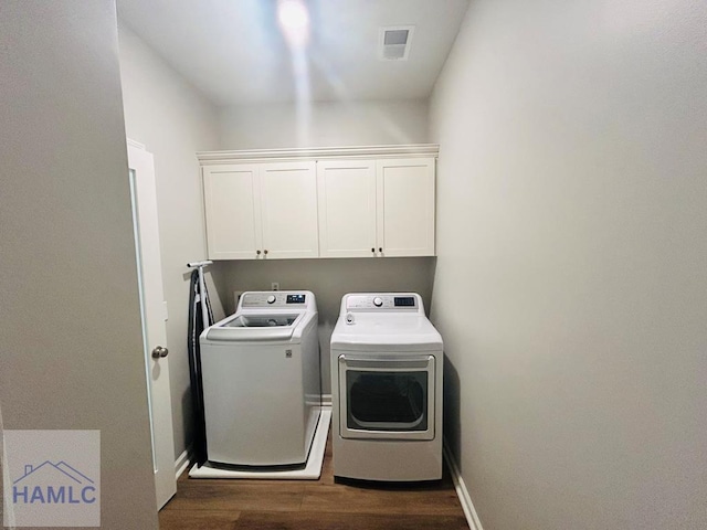 173 Akins Ranch Rd NE, Ludowici, GA 31316 - laundry area with independent washer and dryer, cabinet space, and dark wood-style floors