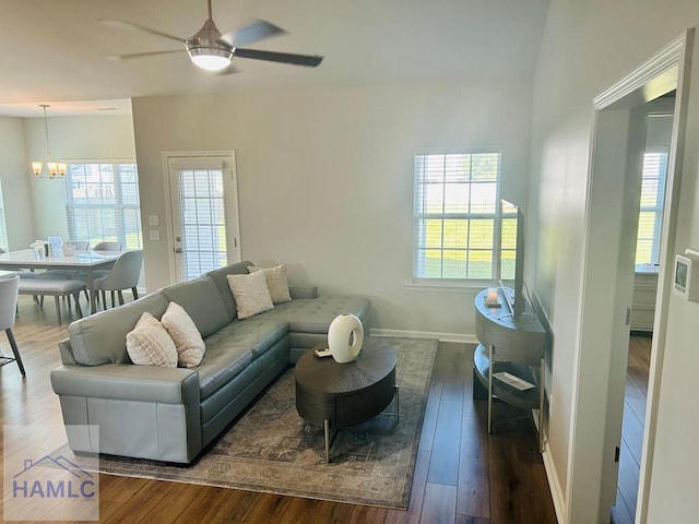 173 Akins Ranch Rd NE, Ludowici, GA 31316 - living area with wood finished floors, ceiling fan, and a chandelier