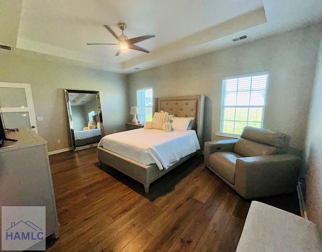 173 Akins Ranch Rd NE, Ludowici, GA 31316 - bedroom featuring a raised ceiling, dark wood-style floors, and a ceiling fan