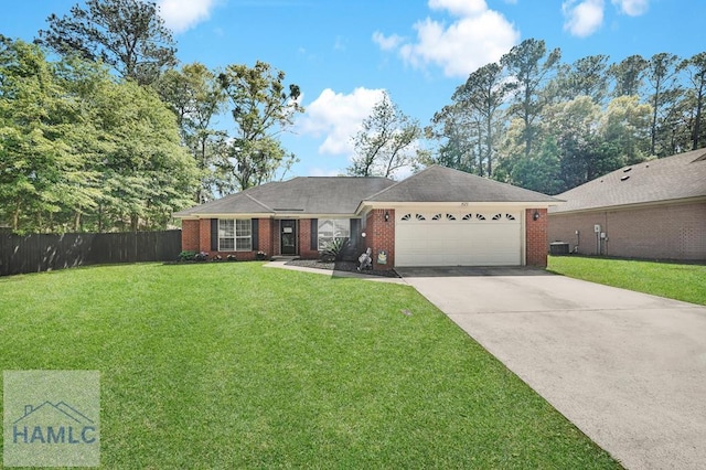 ranch-style home featuring central air condition unit, fence, a front lawn, a garage, and driveway