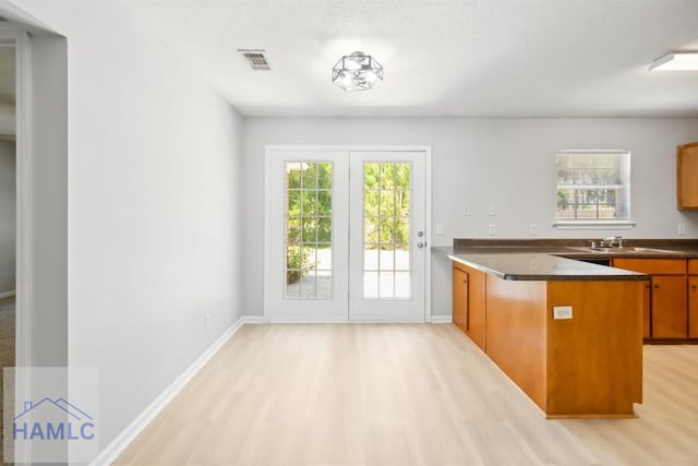 24 Stalwick Dr, Pooler, GA 31322 - kitchen featuring a peninsula, healthy amount of natural light, dark countertops, and light wood-type flooring