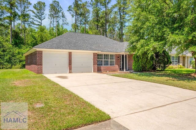 24 Stalwick Dr, Pooler, GA 31322 - ranch-style home featuring a garage, driveway, brick siding, a front yard, and a shingled roof