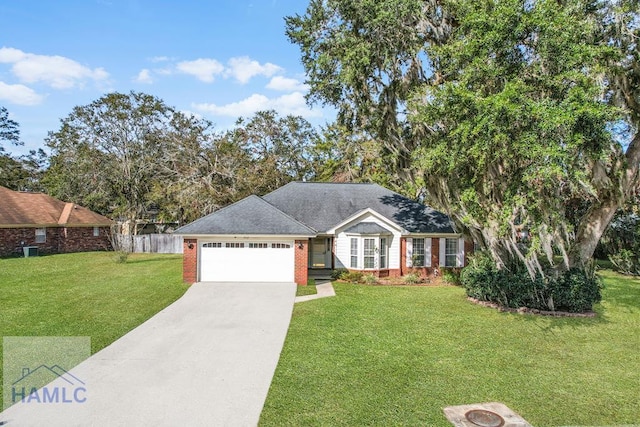 single story home featuring a garage, brick siding, concrete driveway, and a front yard