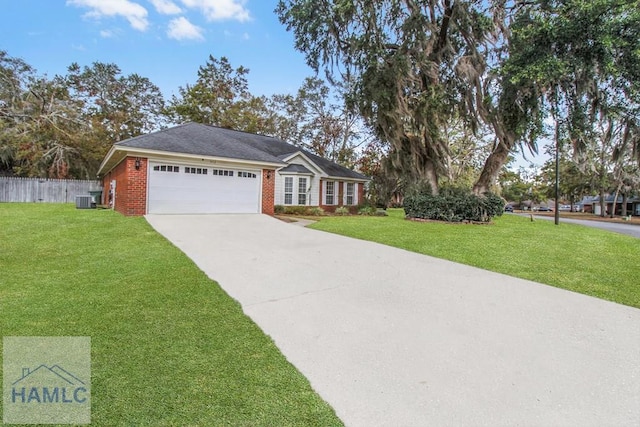 ranch-style house with a front yard and a garage