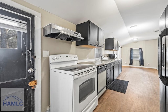 kitchen featuring appliances with stainless steel finishes, plenty of natural light, ventilation hood, and vaulted ceiling