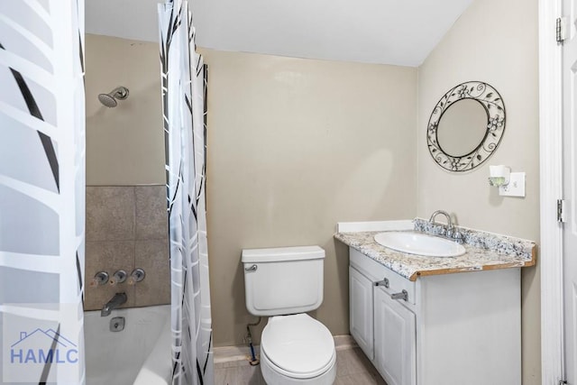 full bathroom with vanity, toilet, and shower / bathtub combination with curtain