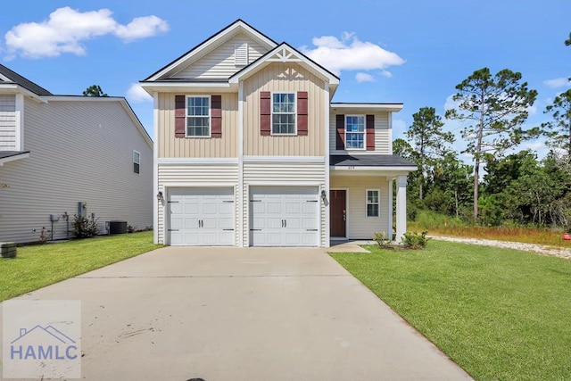 view of front facade featuring cooling unit, a garage, and a front lawn