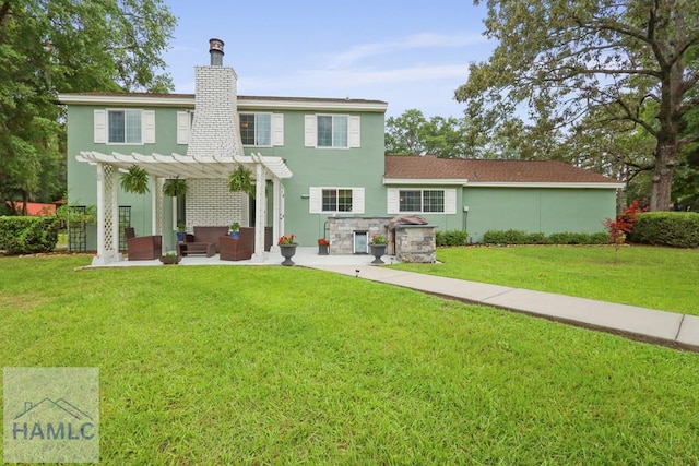 226 Topi Trl, Hinesville, GA 31313 - rear view of house featuring a pergola, an outdoor living space, a lawn, a patio, and a chimney
