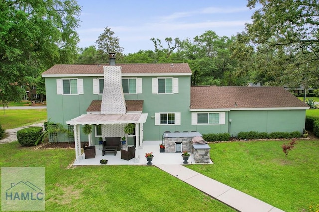 226 Topi Trl, Hinesville, GA 31313 - rear view of property featuring an outdoor hangout area, stucco siding, a yard, a patio, and a pergola