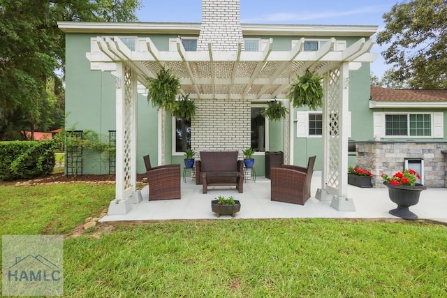 226 Topi Trl, Hinesville, GA 31313 - rear view of property with a lawn, a pergola, an outdoor hangout area, a chimney, and a patio area