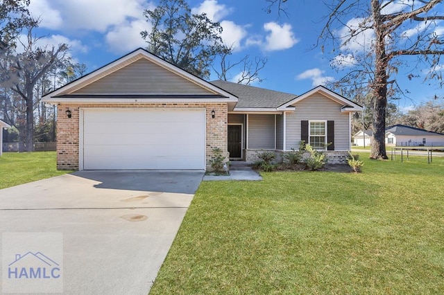 ranch-style house featuring driveway, brick siding, and a front yard