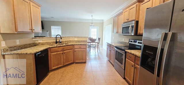 14 Cantebury Rd, Ludowici, GA 31316 - kitchen featuring appliances with stainless steel finishes, a peninsula, light stone counters, crown molding, and light tile patterned flooring