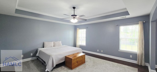 14 Cantebury Rd, Ludowici, GA 31316 - bedroom featuring a tray ceiling, crown molding, wood finished floors, and a ceiling fan