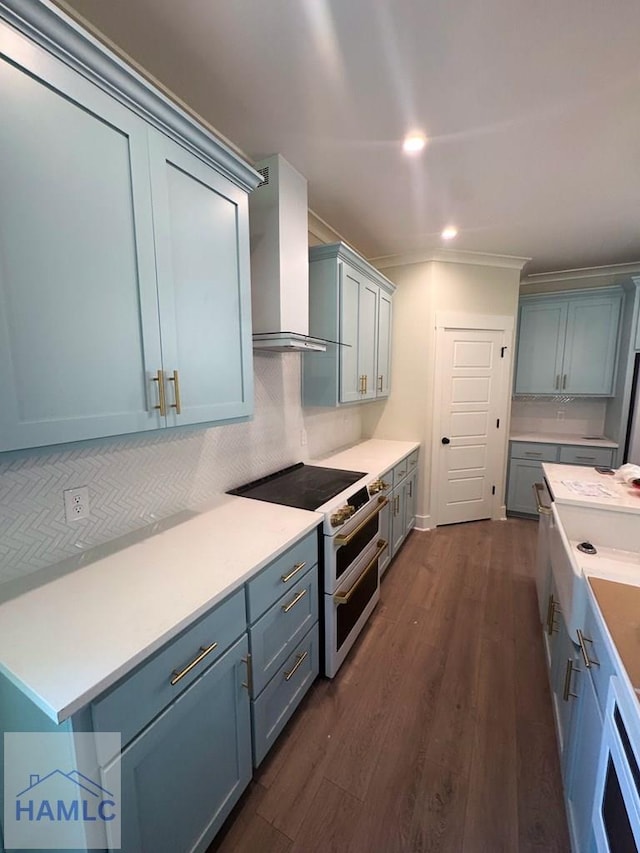 43 Belle Island Way, Richmond Hill, GA 31324 - kitchen featuring range with two ovens, wall chimney exhaust hood, crown molding, dark wood-style floors, and light countertops