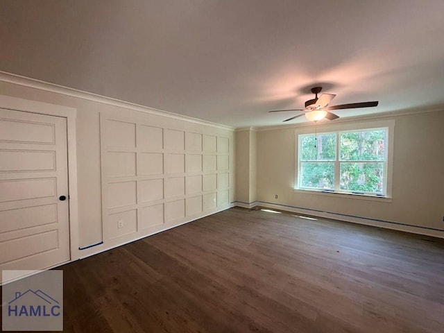 43 Belle Island Way, Richmond Hill, GA 31324 - unfurnished bedroom featuring dark wood-style floors, crown molding, and a ceiling fan