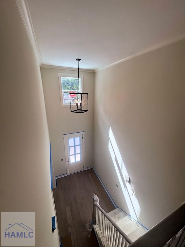 43 Belle Island Way, Richmond Hill, GA 31324 - stairway featuring crown molding, wood finished floors, a chandelier, and a towering ceiling