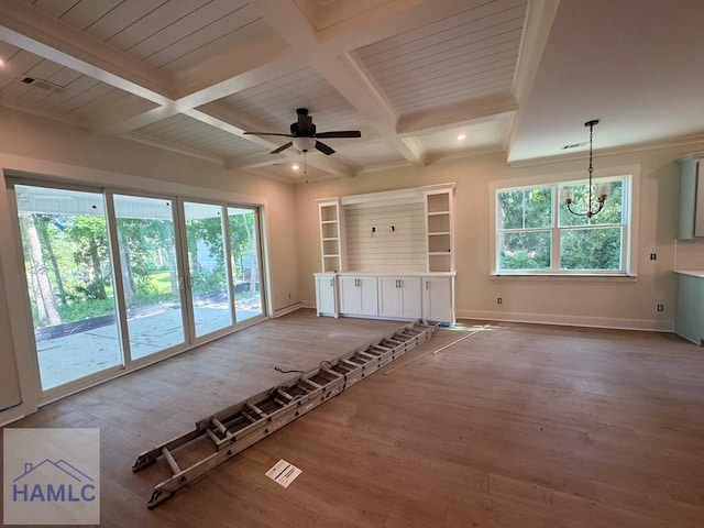 43 Belle Island Way, Richmond Hill, GA 31324 - unfurnished living room featuring healthy amount of natural light, wood finished floors, coffered ceiling, ceiling fan, and a wood ceiling with exposed beams