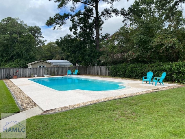 view of swimming pool featuring a diving board, a yard, and a patio