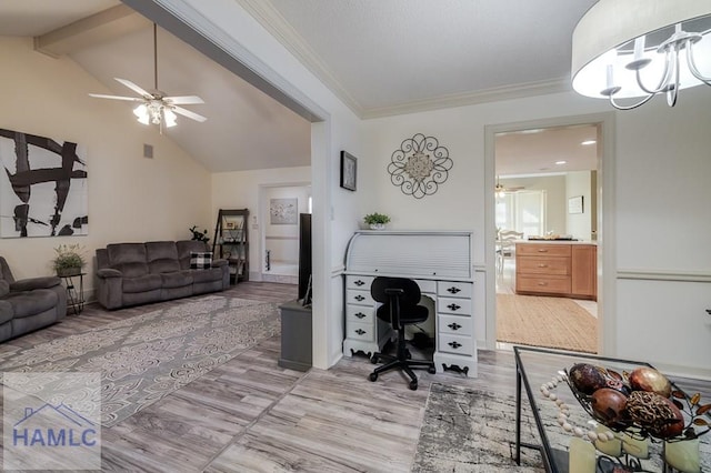 office area featuring ornamental molding, ceiling fan, high vaulted ceiling, light hardwood / wood-style flooring, and beamed ceiling