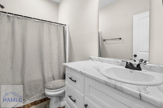 bathroom with vanity, walk in shower, and toilet