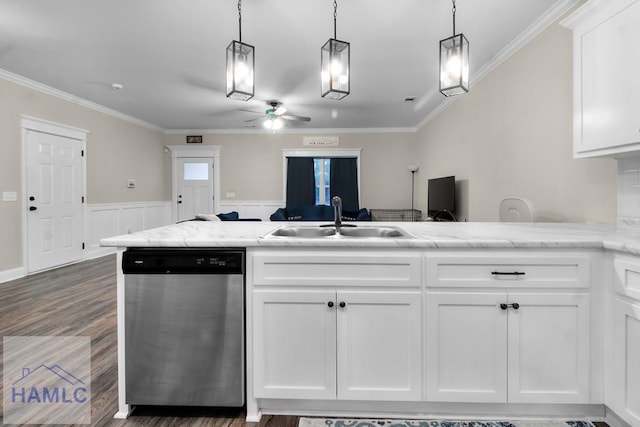 kitchen with white cabinetry, sink, light stone counters, and stainless steel dishwasher