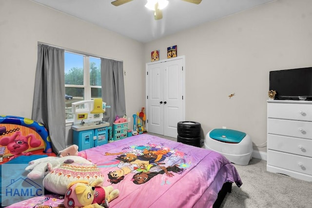 bedroom featuring carpet floors, a closet, and ceiling fan